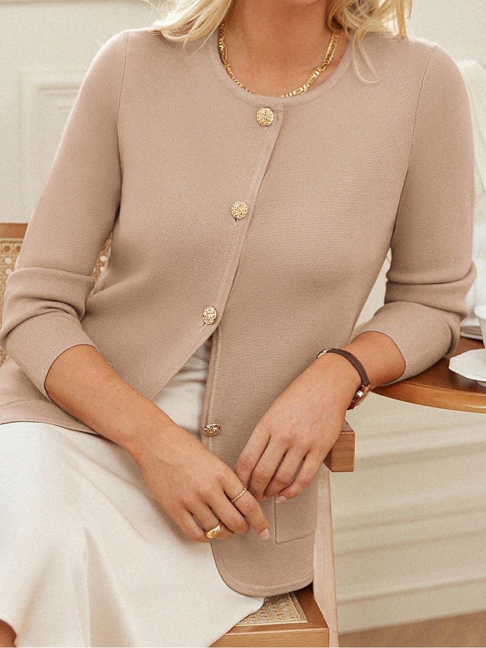 NWT Grace Karin Tan Long Sleeve Button-Down Cardigan w/Gold Toned Buttons- M - Picture 2 of 9